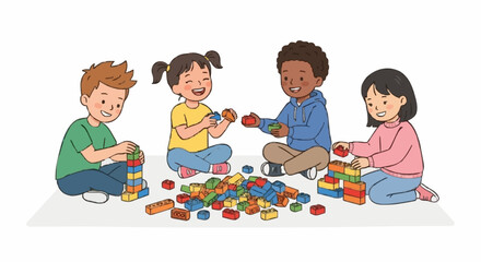 happy children playing with colorful building blocks vector illustration © Wiji