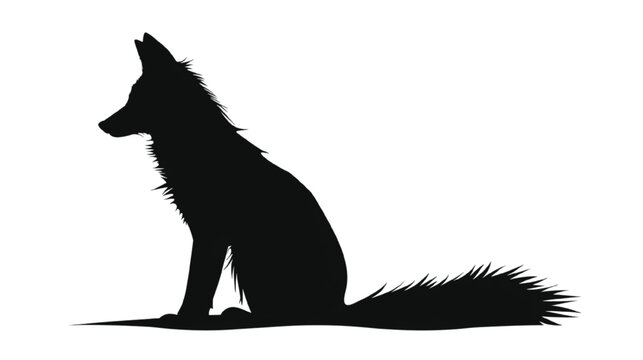 A sleek, dark silhouette of a wild fox or wolf-like canine sits calmly in profile, showcasing its distinctive pointed ears and bushy tail against a stark, clean white background, ideal for graphic.