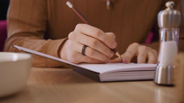 Close up of person hands holding and sharpening pencil over open notebook on wooden table. scene includes fine details like texture of skin metal ring worn by hand soft lighting calm