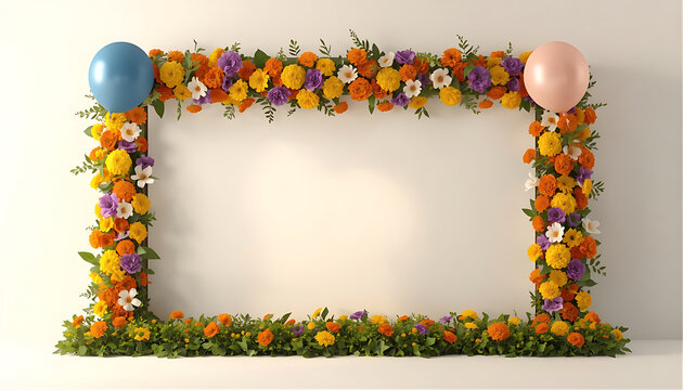 Floral photo frame with colorful marigolds and balloons for festive decoration.