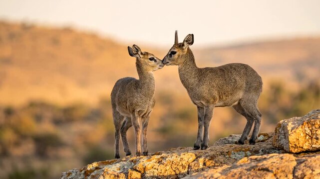 two klipspringers close up at morning light in serengeti tanzania rocky kopjes video