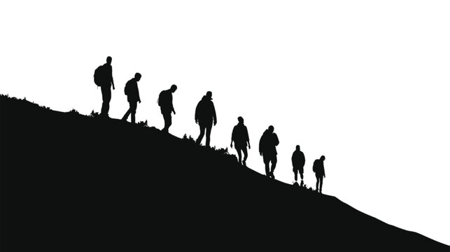 Anonymous human silhouettes ascend a steep, dark, undulating slope against a stark white background, visually representing the collective struggle, effort, and perseverance required for progress.