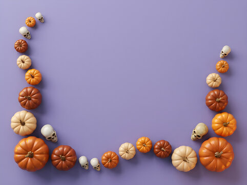 Halloween and Autumn Pumpkin Frame Background with Skulls, Pinecones, and Dried Florals