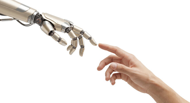 Robot and Human Hands Reaching Toward Each Other, Symbolizing AI Technology Connection