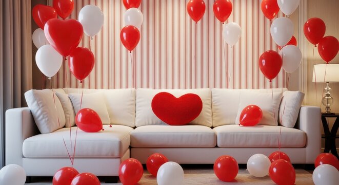 Romantic scene with heart-shaped balloons and a cozy sectional sofa setup