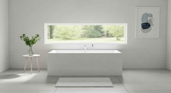 Modern bathroom featuring a sleek built-in bathtub with natural light and minimalist decor