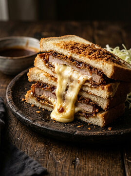 Delicious katsu sando sandwich with melted cheese on a rustic wooden plate.