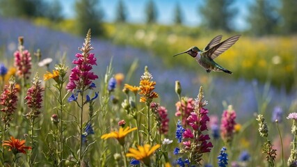 Naklejka premium Hummingbird hovering near wildflowers in sunny field