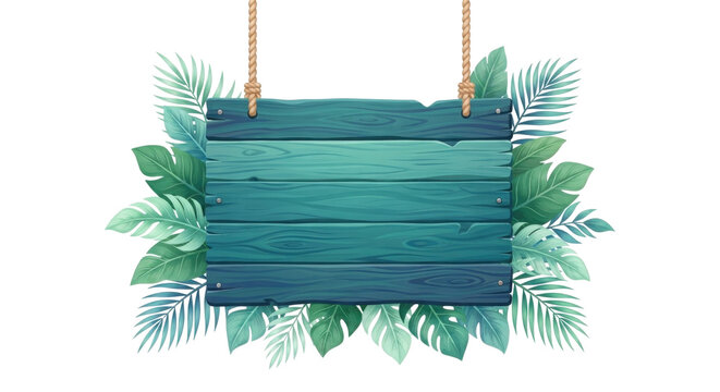 Blank Wooden Hanging Signboard with Tropical Green Leaves Isolated on White Background