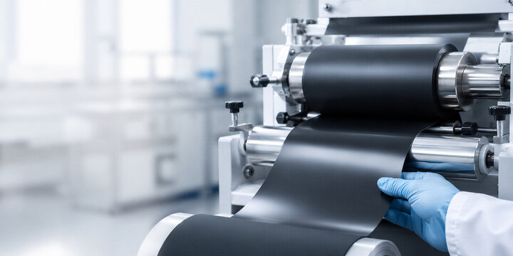Graphene film production on industrial roll to roll machine in clean laboratory. Advanced nanomaterial manufacturing for battery and semiconductor application. Future technology and innovation concept