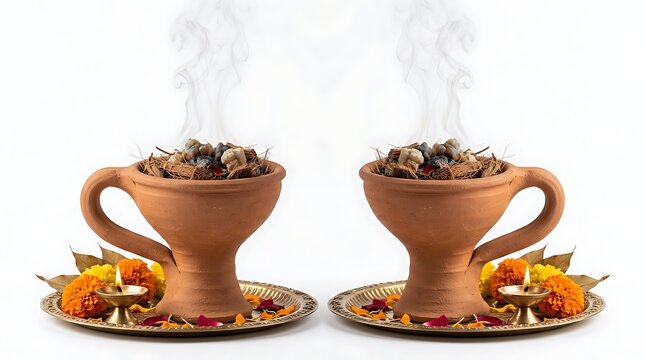 Two traditional indian clay incense burners with burning dhoop and marigold flowers on a white background