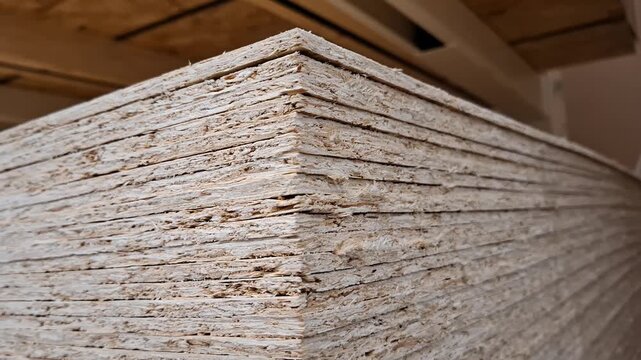 Stacked particle board sheets in a warehouse close up, construction materials, industrial supply, building resource, manufacturing stock.