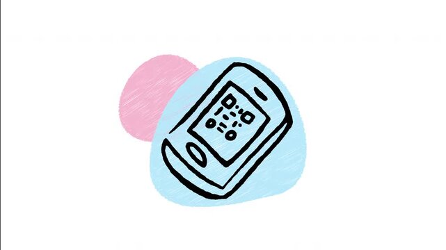 An animated hand-drawn smartphone displaying a square matrix QR code on screen. Perfect for digital scanning apps, quick mobile payments, product information links, and ticket verification. 
