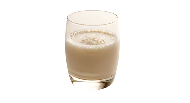 A clear glass filled with fresh creamy soy milk or almond milk isolated on white transparent background