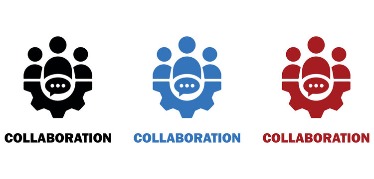 Teamwork collaboration icon with people figures and chat bubble inside gear mechanism
