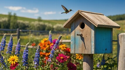 Naklejka premium Hummingbird flying near a rustic wooden birdhouse in a flower garden