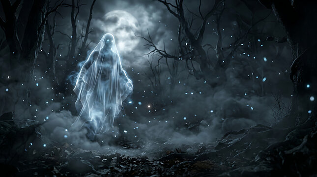 Ethereal ghostly figure glowing in a misty forest isolated on transparent background