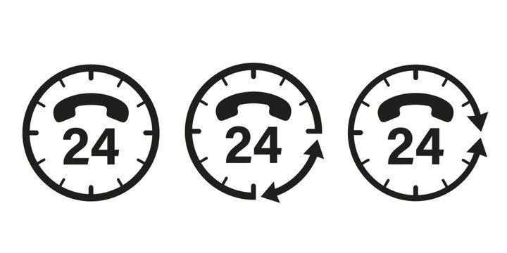 Three 24-hour service icons for customer support, emergency help, delivery, healthcare and nonstop business.!!