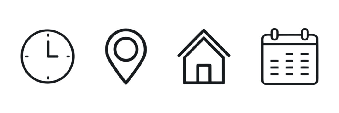 Clock location house and calendar icons in a linear style
