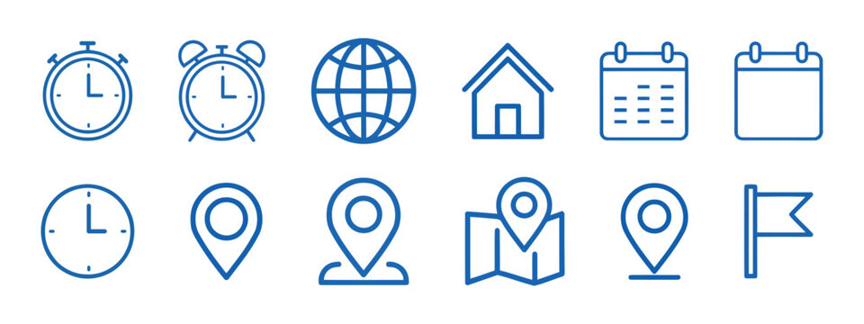 Collection of line icons depicting time location and global connections