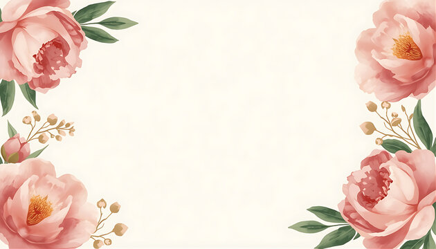 Pink peonies floral border on cream background for wedding and invitation design.