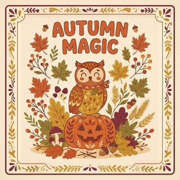 Cartoon owl sitting on a carved pumpkin with autumn foliage border