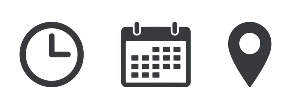 Clock calendar and location pin icons represent time scheduling and position