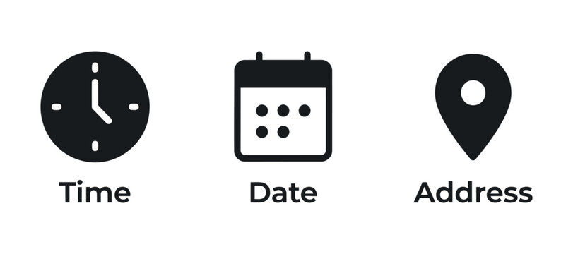 Clock calendar and location pin icons represent scheduling and positioning