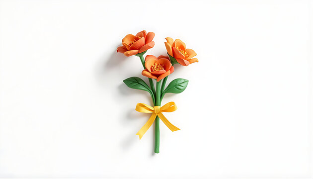Small bouquet of orange clay flowers with yellow ribbon bow for gift decoration.