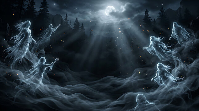 Mystical ghostly figures isolated on transparent background under full moon and stars