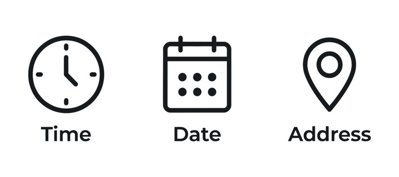 Three flat icons represent time date and location with linear styling