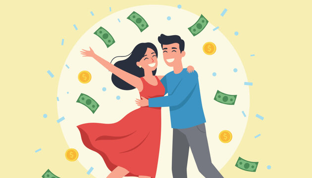 Happy young couple hugs and celebrates while green dollar bills and gold coins rain down on a light yellow background.