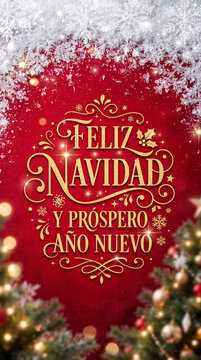 Elegante felicitaci&oacute;n &laquo;Feliz Navidad y Pr&oacute;spero A&ntilde;o Nuevo&raquo; sobre fondo rojo texturizado, decorada con ramas de pino nevadas, acebo, pi&ntilde;as, esferas y luces c&aacute;lidas.