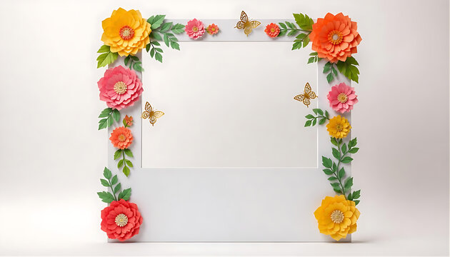 Square photo booth frame with colorful paper flowers and butterflies on border.
