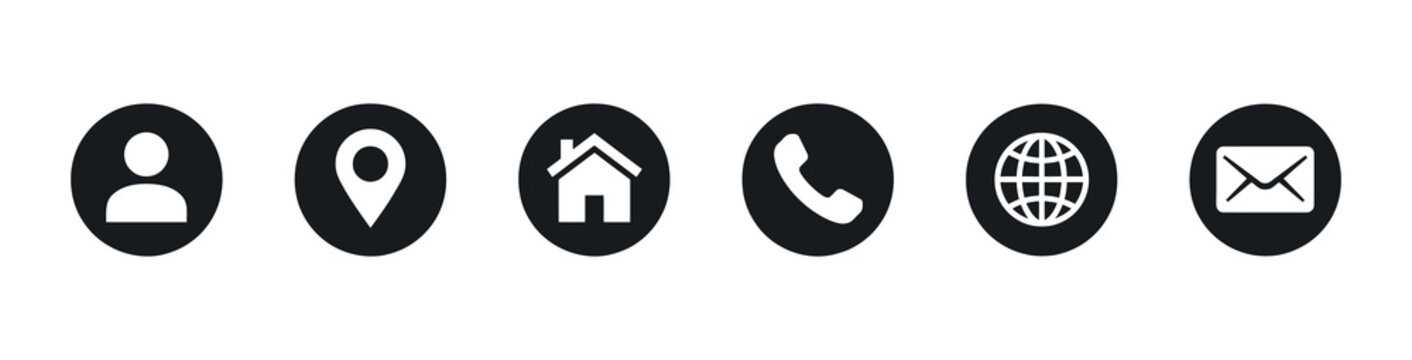 Contact information icons representing person location residence telephone planet