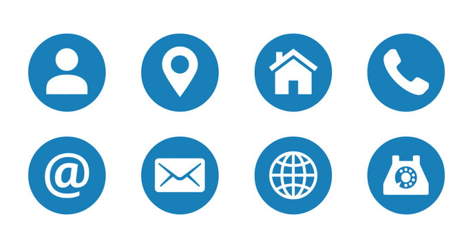 Contact information icons depict person location address house telephone