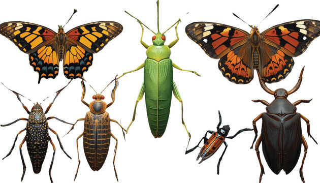 Insects including colorful butterflies and green beetles grouped together on a plain white background for educational or illustrative purposes.