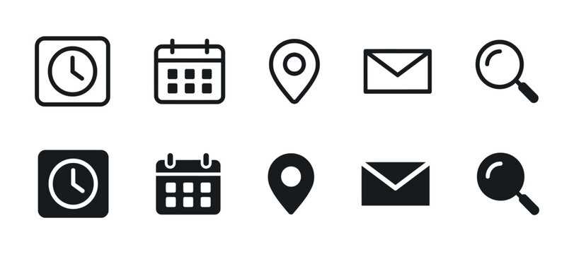 Set of flat icons depicting time calendar location mail and search functions