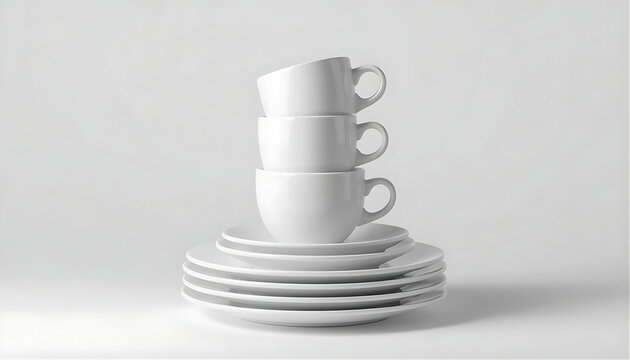 Stacked white ceramic coffee cups and plates set isolated on bright white surface.