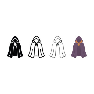 Set of hooded cloaks vector icons in solid black, outline, and colored styles for Halloween and fantasy designs