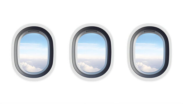 Three commercial airplane passenger windows aligned on clean white background.