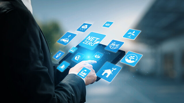 Net zero and sustainability concepts with environmental balance, digital sustainability icons, green energy goals, and eco-conscious digital business transformation for the future. Gist