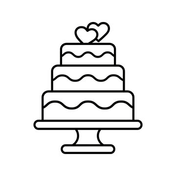 Wedding cake outline vector illustration with hearts for celebration design.