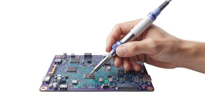 Hand Repairing Electronic Circuit Board with Soldering Iron Isolated on White