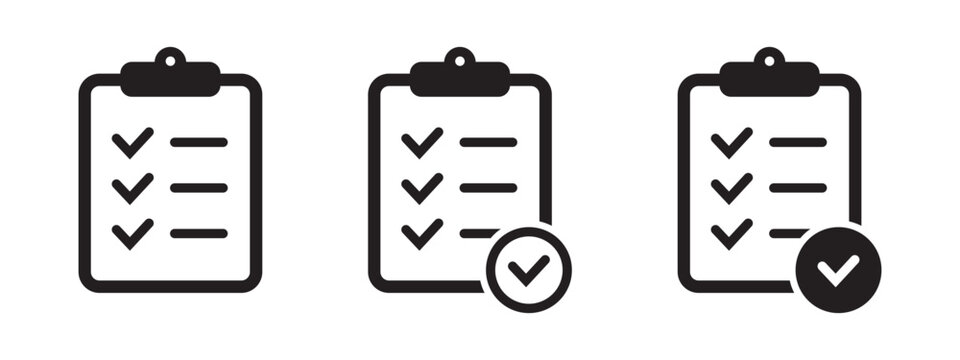 Clipboard Checklist Icon Set with Outline and Solid Approval Badges for Completed Tasks Verification and Business Workflow