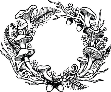 Black and White Floral Tattoo Vector Illustration with Ornate Vintage Frame, Abstract Botanical Pattern, Heraldic Ornament and Decorative Nature Design