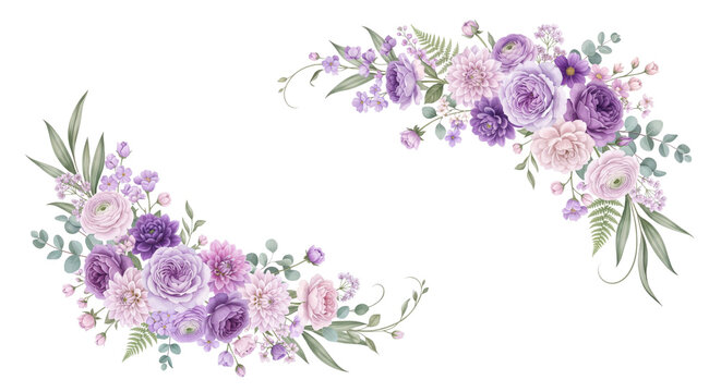 Watercolor Purple Floral Corner Arrangements with Elegant Copy Space