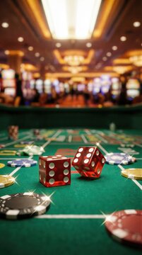 Red translucent dice and poker chip on green craps table in luxury casino interior. Gambling game of chance and luck concept. Entertainment and risk of betting with jackpot win