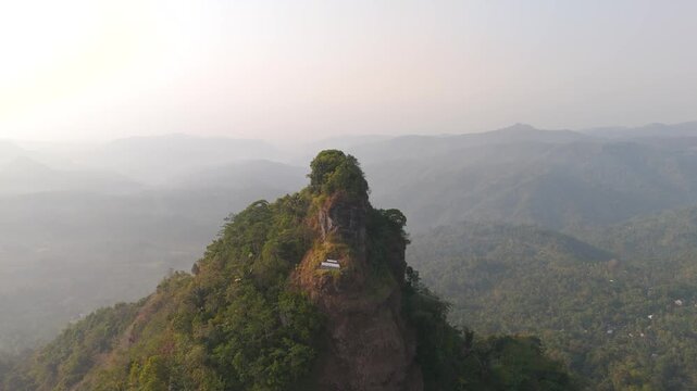 Aerial view of the rocky peak in the Menoreh Mountains, Kulon Progo Regency, Special Region of Yogyakarta, Indonesia.