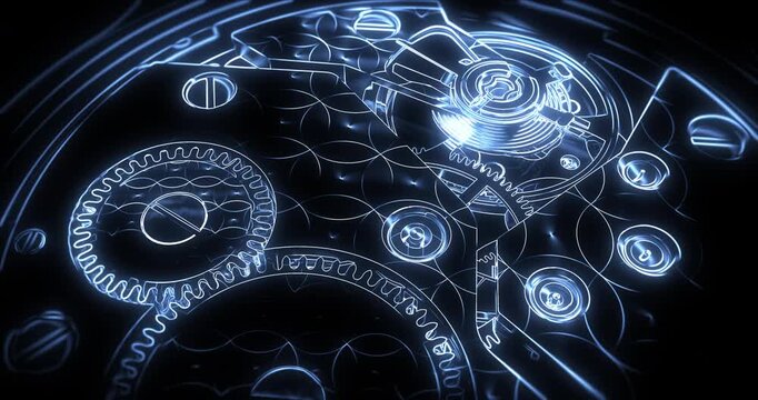 Macro shot of intricate mechanical watch movement with turning balance wheel.